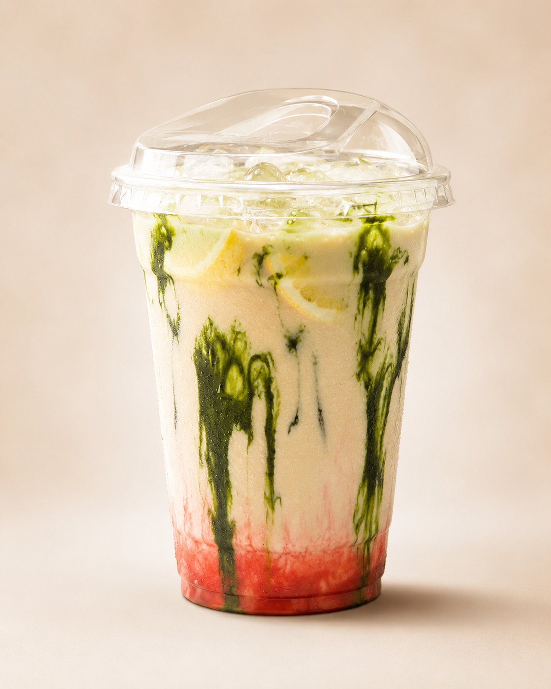 Cold drink in a clear cup with green and red details