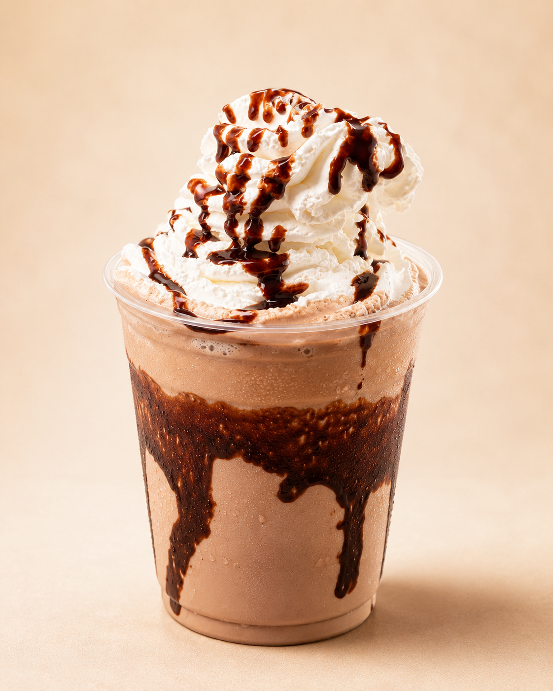 Chocolate-colored cold drink topped with whipped cream and chocolate drizzle