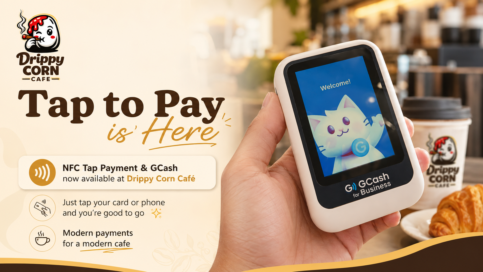 Drippy Corn Café Facebook post announcing NFC tap and GCash payment options